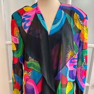 Vintage Lorente Yolanda Hand Painted 100% Silk Chiffon Multicolor Duster Size L
